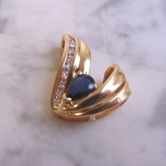 Womens Vintage Estate 14k Gold Diamond Sapphire Pendant 3.3g E916